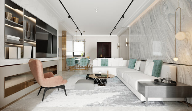 The modern luxury interior of the living room is bright and clean. 3D illustration