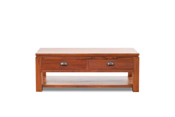 wooden coffee table with two drawers white background
