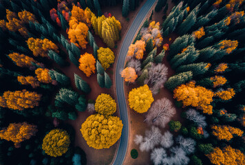 Aerial view of a road in the middle of a forest full of vibrant trees in the autumn. Generative AI