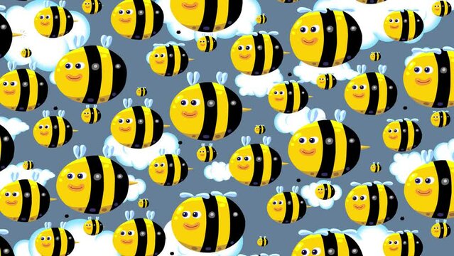 Bee cartoon yellow black characters wallpaper flying on clouds background. Cute children animation good as backdrop for intro, party, television programme, presentation, etc... Seamless loop.