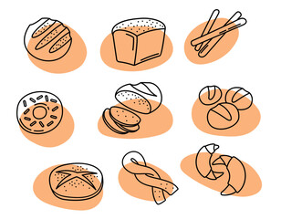 Bread doodle icons set. Collection of minimalistic graphic elements for website. Abstract creativity and art. Flour products and bakery. Cartoon flat vector illustrations isolated on white background