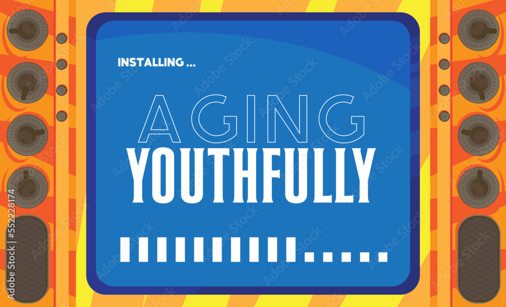 Poster cartoon computer with the word aging youthfully. message of a screen displaying an installation wind