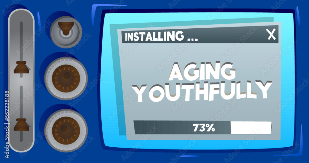 Poster Cartoon Computer With the word Aging Youthfully. Message of a screen displaying an installation window.