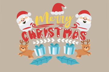 Merry Christmas greeting card illustration design with Santa Claus bringing gifts and Christmas tree