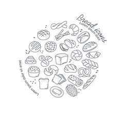 Bread icons round. Stylish logotype for company, advertising poster or banner. Flour products and wheat, cafe or restaurant menu. Croissants, donut and cupcake. Cartoon flat vector illustration