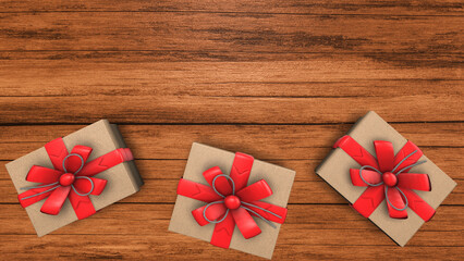 Top view of Gift boxes with Red ribbon on Wooden background with copy space