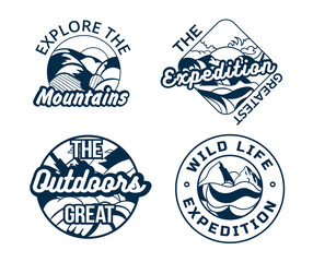 Camping logo silhouettes set. Collection of stylish logotypes for company, branding. Hiking and active lifestyle. Mountains and nature. Cartoon flat vector illustrations isolated on white background