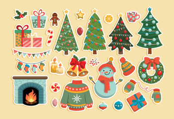 Christmas set stickers. Collection of labels. Snowman, Christmas tree, candles and fireplace. Decoration for room and socks for presents. Cartoon flat vector illustrations isolated on beige background