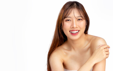 Fototapeta premium Asian beautiful girl clean face fresh skin on white background face care, facial treatment, beauty and spa.