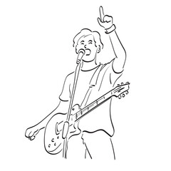 male rocker singer with electric guitar pointing up illustration vector hand drawn isolated on white background line art.