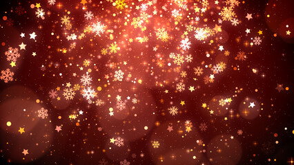 Snowflakes, stars and shiny lights for red christmas glittering background.