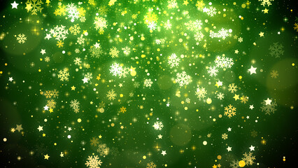 Green christmas snowflakes and star with shiny light for celebrate and new year concept.
