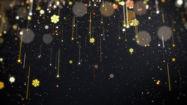 Christmas background with gold snowflakes, star and particles falling.