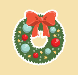 Christmas wreath icon. Decoration for apartment and room. Green branch with red bow, balls, stars and toys. Graphic element for website, poster or banner, cover. Cartoon flat vector illustration