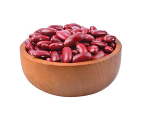 Red kidney beans in wooden bowl on transparent png.