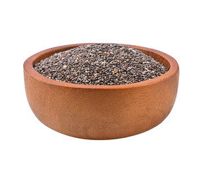 Chia seeds in wooden bowl on transparent png.