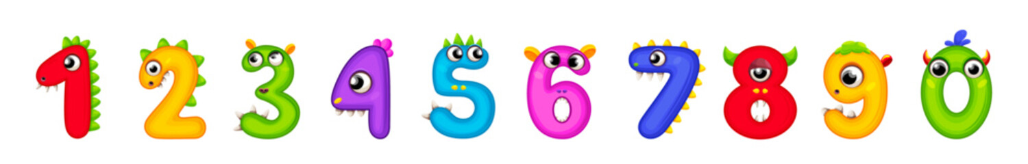 Funny Monsters Colorful Numbers, Cute Fantasy Aliens in the Shape of Numerals. Cartoon numbers from 0 to 9 icons are made in the form of human figures with big eyes and face. Arabic numerals. Vector
