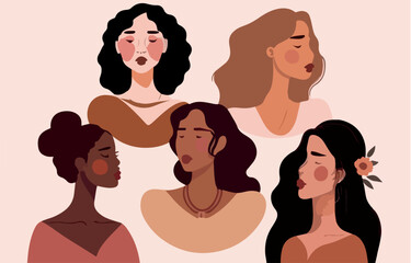 Beautiful women with different skin colors stand together vector. Illustration for International Women's day