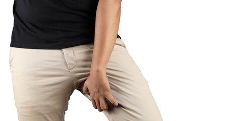 Asian man in reaction of scratching crotch on grey background, closeup. Annoying itch or Tinea Cruris. Human body problem or healthcare and medicine concept.