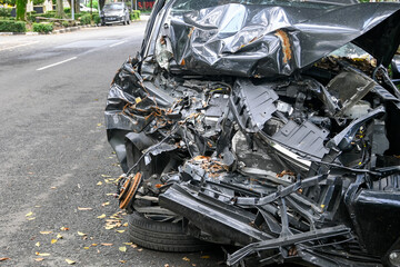 A car destroyed in an accident, parking on the side of the road.