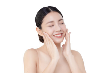 Studio shot Beautiful young Asian woman with clean fresh skin massage her face isolated on transparent background, PNG file format.