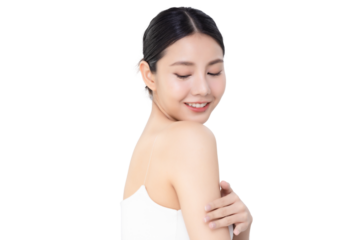 Studio shot Beautiful young Asian woman applying lotion on shoulder isolated on transparent background, PNG file format.