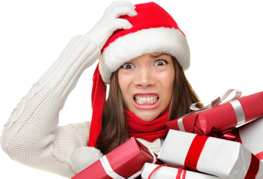 Christmas stress - busy woman wearing Santa hat stressing for Christmas shopping holding many Christmas gifts. Funny image of Asian Caucasian model isolated cutout PNG on transparent background.
- Powered by Adobe