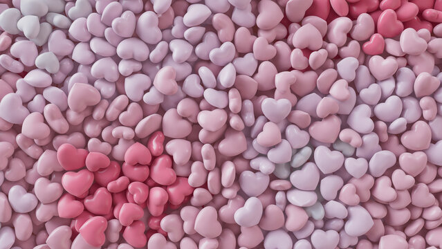Multicolored Heart background. Valentine Wallpaper with Pink and White love hearts. 3D Render 
