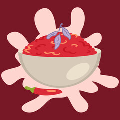 Flat style bowl with delicious salsa mexican spicy sauce. Perfect for tee, stickers, menu and poster. Isolated vector illustration for decor and design.