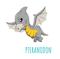 Cute pteranodon icon. Gray ancient animal with wing, fictional character before our era. Poster or banner for website. Graphic element for printing on fabric. Cartoon flat vector illustration © Rudzhan