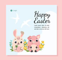 Happy Easter poster. Rabbit and pig with egg. Farming and agriculture. Flora and fauna. Symbol of spring. Greeting card. Holiday and festival. Culture and traditions. Cartoon flat vector illustration