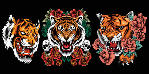 Collection of tiger head illustration with roses around