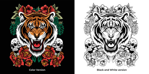 Obraz premium Tiger Illustration with skull and Roses Around for Apparel and Others Uses