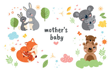 Mother with babies cute. Forest dwellers, bear, fox, koala and rabbit. Fauna and wild life, nature. Poster or banner for website. Animals and leaves, foliage. Cartoon flat vector illustration © Rudzhan