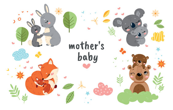 Mother with babies cute. Forest dwellers, bear, fox, koala and rabbit. Fauna and wild life, nature. Poster or banner for website. Animals and leaves, foliage. Cartoon flat vector illustration