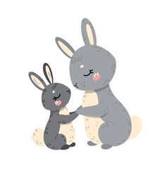 Mother rabbit with baby. Toys and mascots for children. Graphic element for printing on fabric. Symbol of care and support, family. Childhood and parenthood. Cartoon flat vector illustration