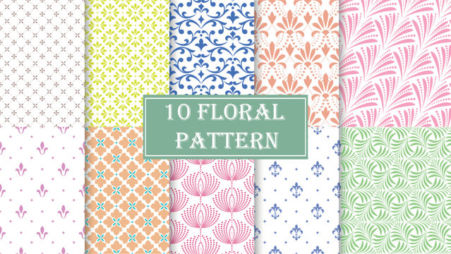 Geometric floral set of seamless patterns. Colored vector backgrounds. Damask graphic ornaments