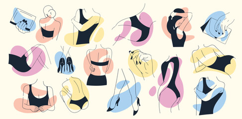 Female silhouette set. Collection of graphic elements for website. Elegance and aesthetics. Fashion, beauty and style metaphor. Cartoon flat vector illustrations isolated on white background