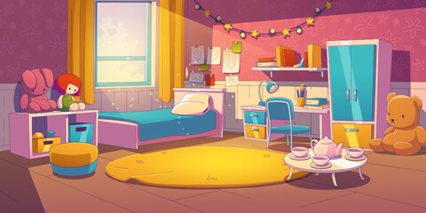Girl bedroom with bed, toys, table and wardrobe. Empty kids room interior with pictures on wall, books on shelf, carpet and little table with tea-set, vector illustration in contemporary style