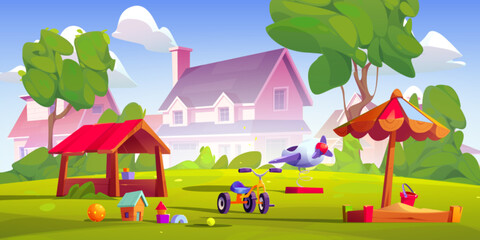 Kids playground in village or suburb district. Summer park, garden or backyard landscape with sandbox, toys, bicycle on green lawn and suburban houses on background, vector cartoon illustration