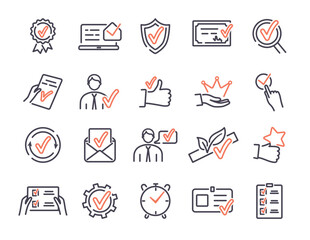 Accreditation icons set. Collection of graphic elements for website. Time management and business processes, approval and contract. Cartoon flat vector illustrations isolated on white background