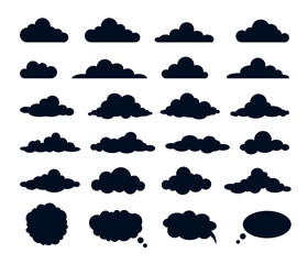 Black clouds set. Collection of silhouettes, graphic elements for website. Tenderness and aesthetics, dreams. Weather and climate. Cartoon flat vector illustrations isolated on white background