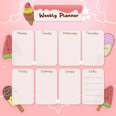 Weekly planner template with cute ice cream