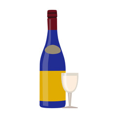 Children champagne alcoholic drink and glass vector illustration. Liquor bottle with label, whiskey, rum, wine isolated on white background