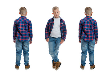 A blond boy in jeans and a plaid shirt is standing. Child age 6-7 years. Full height. Front and back view. Collage, set of images.