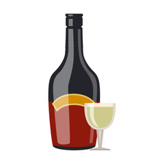 Alcoholic drink and glass vector illustration. Liquor bottle with label, whiskey, rum, wine isolated on white background