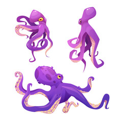 Purple octopus cartoon vector illustration. Sea cute animal