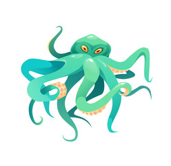 Green octopus cartoon vector illustration. Sea cute animal