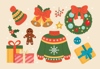 Christmas elements set. Collection of stickers for social networks. Sweater, hat, bell and gingerbread man. Gift boxes and wreath. Cartoon flat vector illustrations isolated on beige background