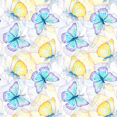 Meadow blue, yellow butterflies watercolor seamless pattern on white.